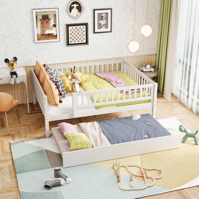 Wood Daybed with Trundle and Fence Guardrails
