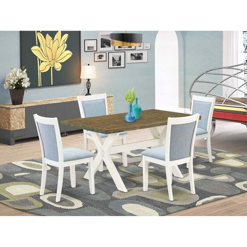 HomeStock 5-Piece Wire Brushed Linen White Finish Solid Wood Top Dining Table with 4-Upholstered Chairs