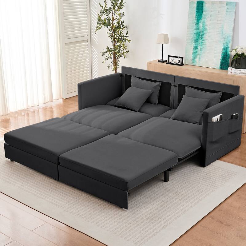 Mixoy 77.95'' lce Velvet 3-in-1 Convertible Loveseat Sleeper Sofa Bed with Side Pockets,Pull Out into Chaise Lounge/Sleeper Bed