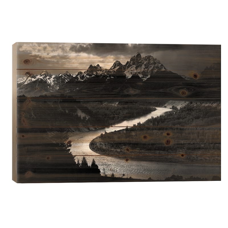 The Tetons - Snake River Print On Wood by Ansel Adams - Multi-Color - 26x40x1.5