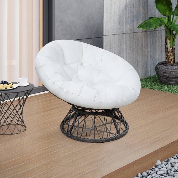Wicker Papasan Chair with Oversized Cushion & Swivel Base – Indoor Round Lounge Chair for Bedroom, Living Room, or Covered Patio - White