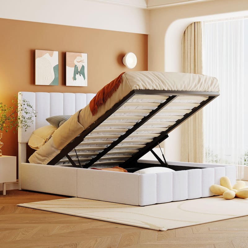 Merax Upholstered Platform Bed with a Hydraulic Storage System - White - Full