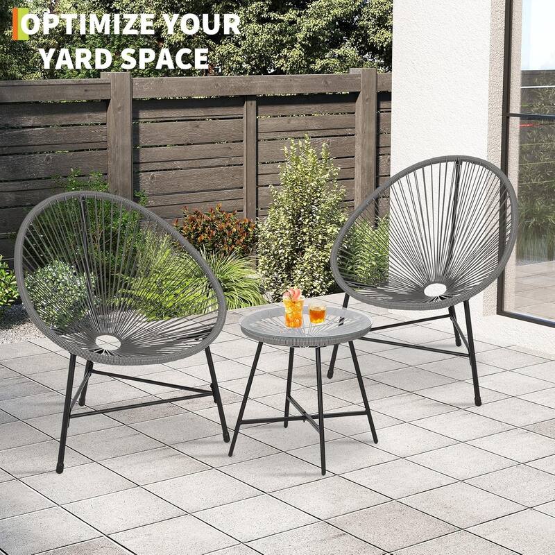 3-Piece Patio Woven Conversation Bistro Set with Glass Top Table and 2 Chairs