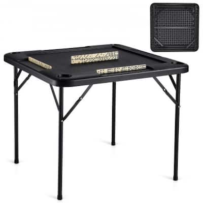 Black HDPE 4 Layer Folding Card Table with Cup Holders and Chip Trays - 35.43” L x 35.43” W x 29.13” H
