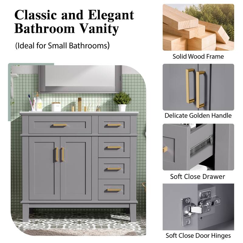 GDFStudio - Durham Modern Freestanding Bathroom Vanity Cabinet with Ceramic Sink, Soft Close Doors Drawers & Storage