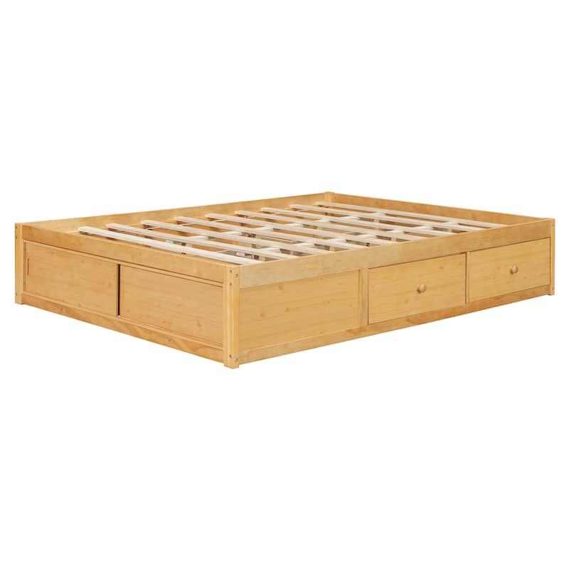 Queen Size Platform Bed Frame with 4 Storage Drawers & Footboard Cubby, No Headboard Design