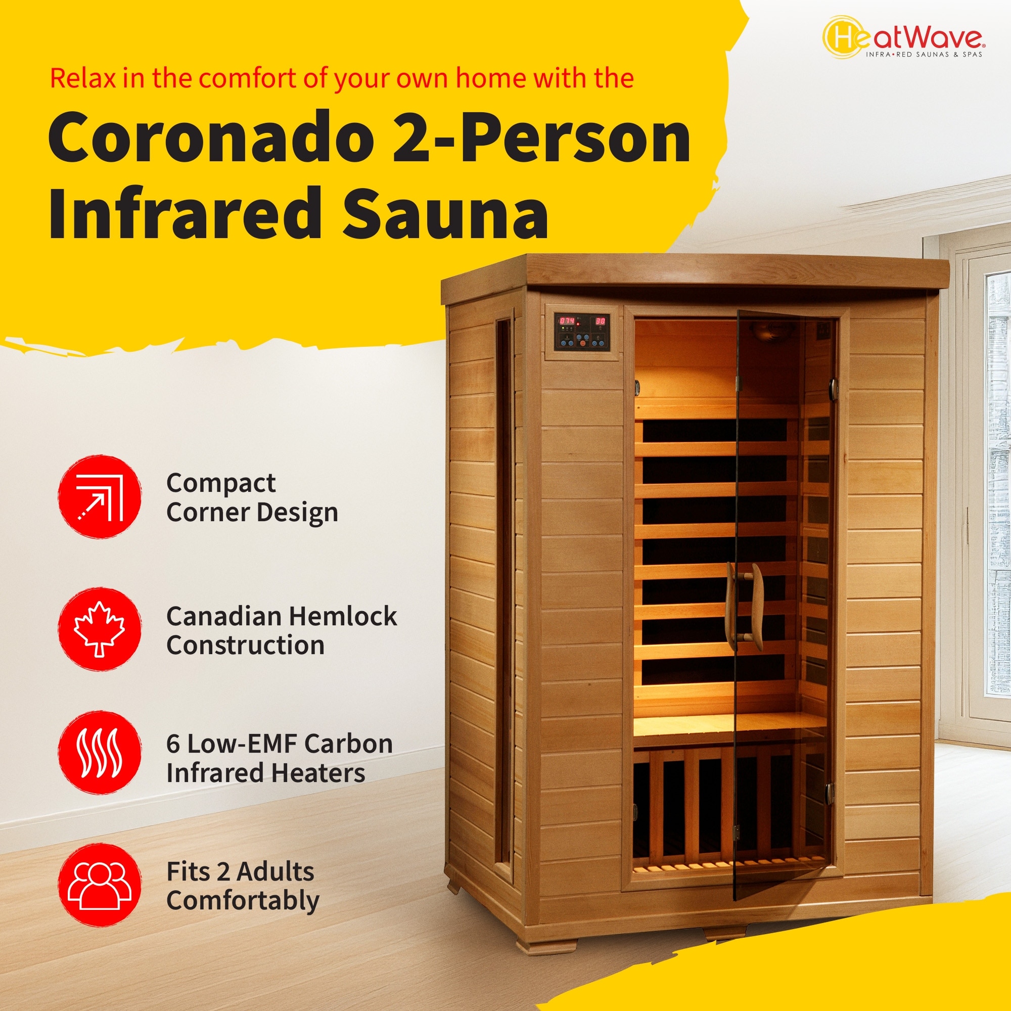 HeatWave Coronado 2-Person Hemlock Infrared Sauna with 6 Carbon