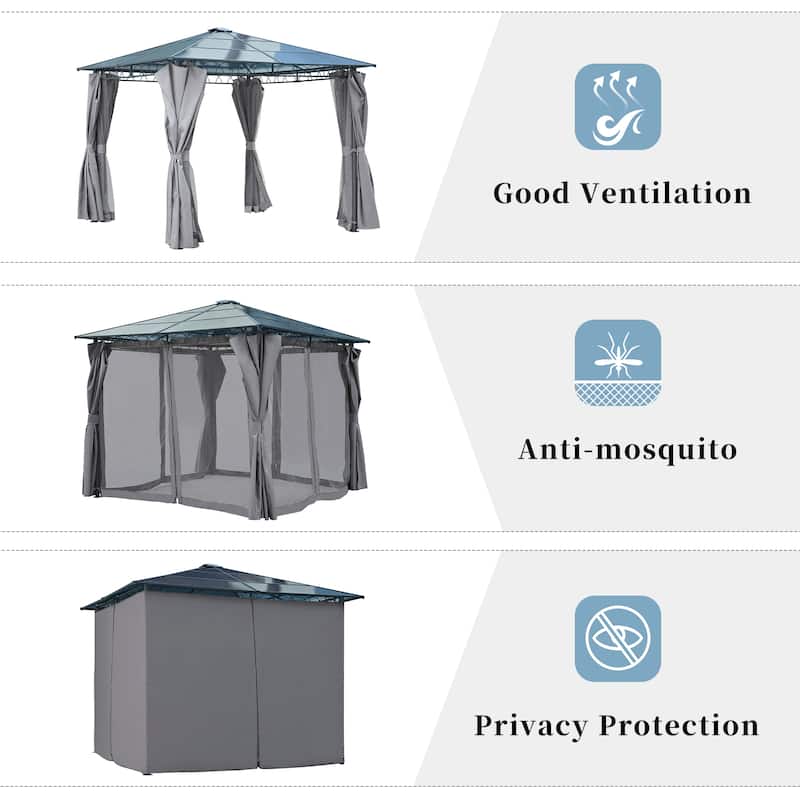 10'x10' Hardtop Gazebo - Polycarbonate Roof, Aluminum Frame, Mosquito Net & Privacy Screens for Shade & Rain