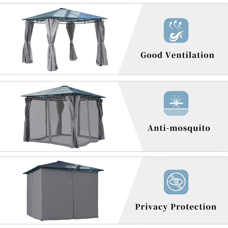 10'x10' Hardtop Outdoor Gazebo with Polycarbonate Roo, Netting & Privacy Screens, Patio Gazebo with Aluminum Frame