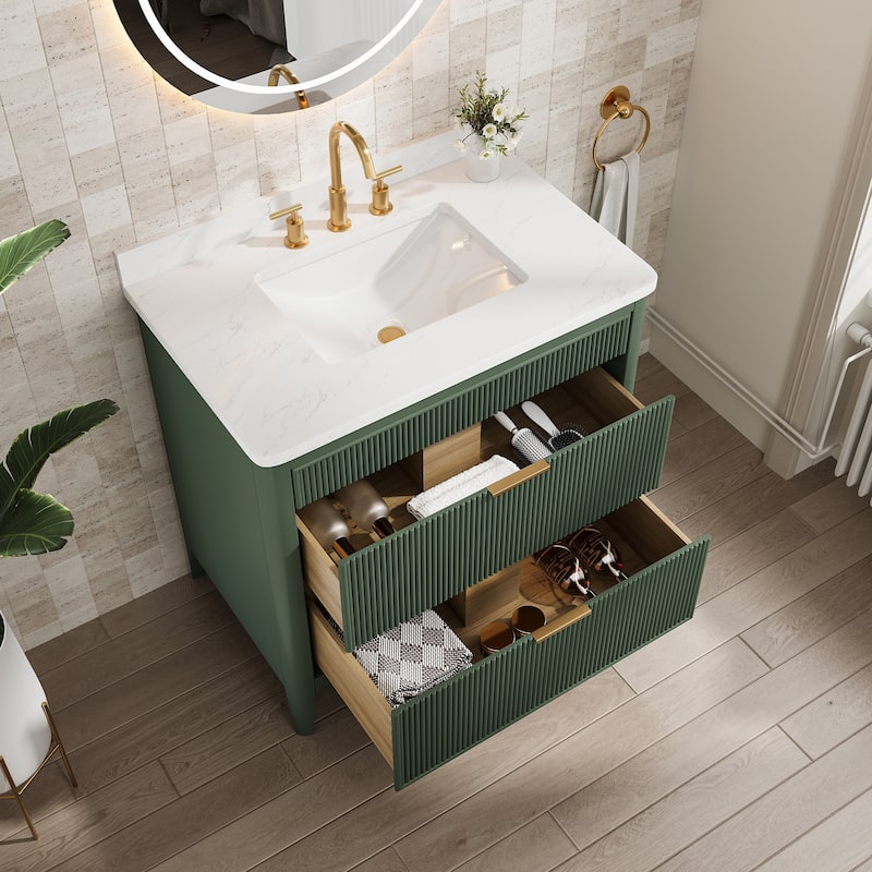 Modland 36" Freestanding Bathroom Vanity with Carrara Marble Top, Soft-Close Drawers, Fully Assembled, Green/Grey - 36 inch
