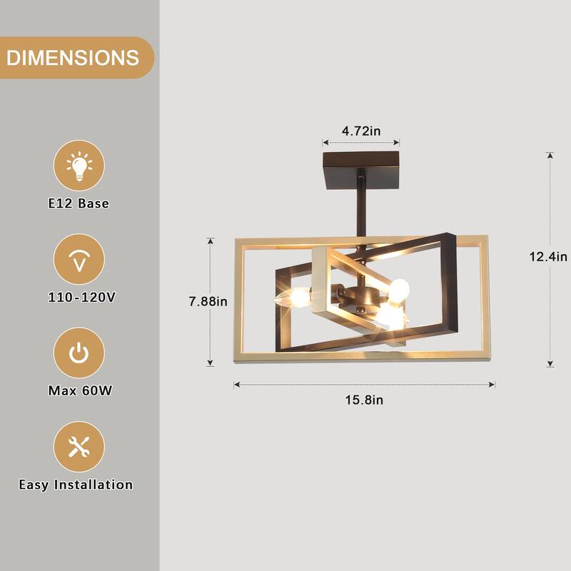 15.8 in. 3-Light Metal Rectangular Semi Flush Mount Ceiling Light Fixture for Kitchen Island