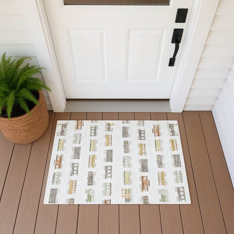 Machine Washable Indoor/ Outdoor Modern Train Chantille Rug - Ivory - 1'8" x 2'6"
