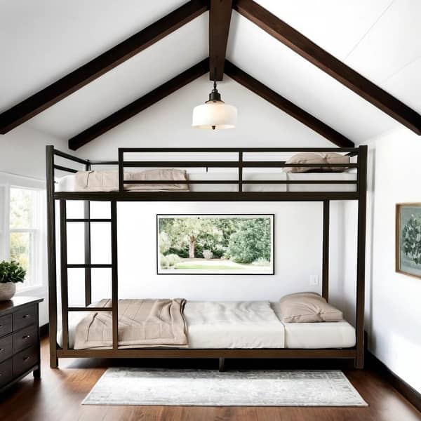 slide 2 of 27, Metal Twin over Twin Bunk Bed with Safety Guardrail, White Black