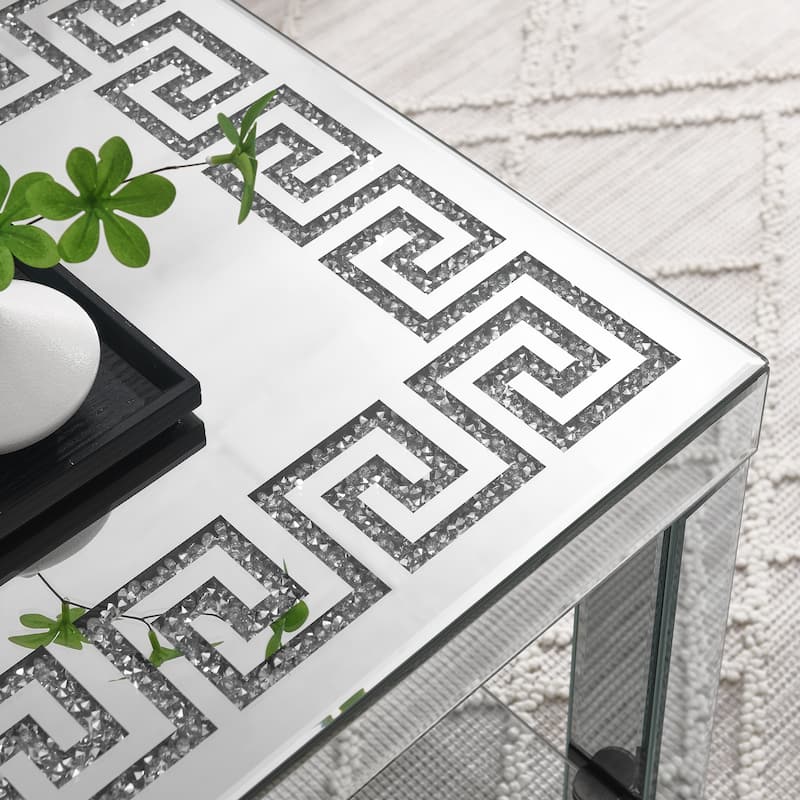 Modern Carved Mirror Coffee Table with Glass Top, Diamond Frame and Mirror Crystal Legs, for Living Room