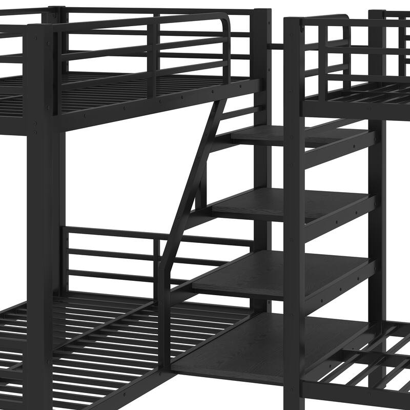 Roomfitters Twin L-Shaped Metal Bunk Bed with Storage Shelves, Space-Saving Corner Frame, Black
