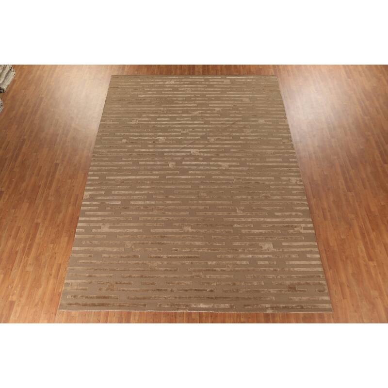 Striped Nepalese Modern Large Area Rug Hand-Knotted Wool Carpet - 10'0" x 13'8"