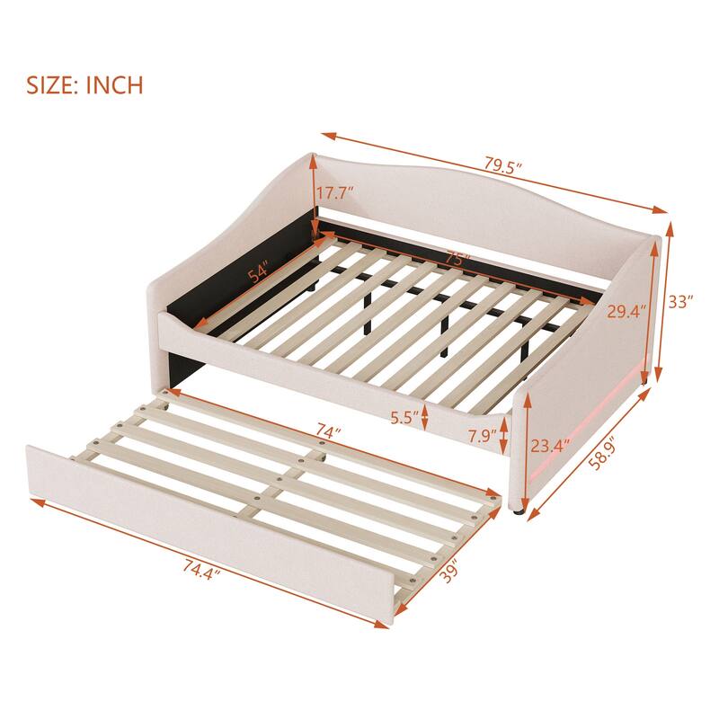 Full Size Upholstered Teddy Fleece Daybed with Trundle and Light Stripes, Beige