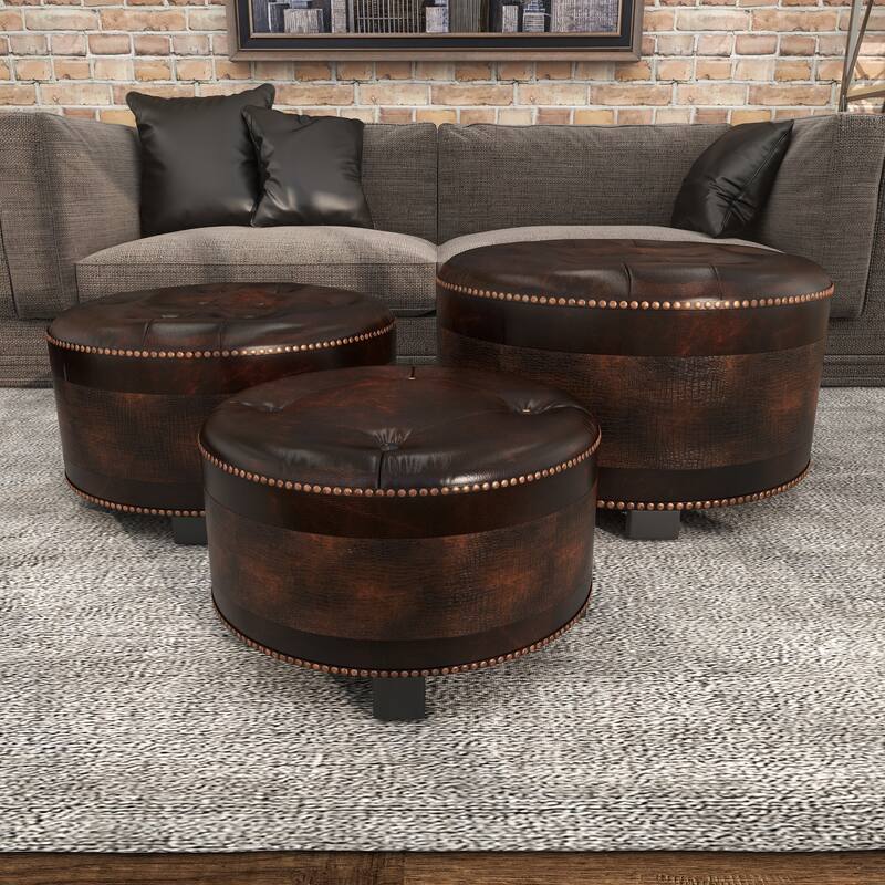 Dark Brown Wooden Storage Ottoman with Tufted Top (Set of 3)