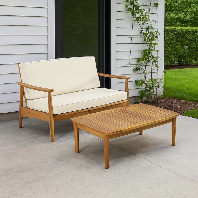 Roxy 2pc Outdoor Loveseat and Coffee Table Set, Acacia Wood, Cream