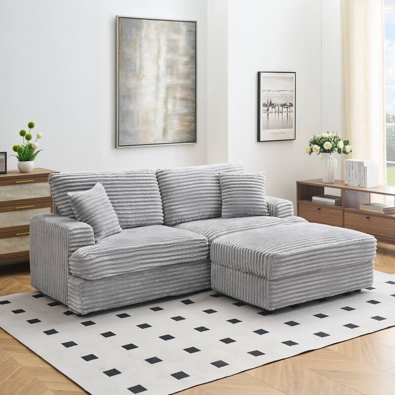 82-inch Gray Corduroy Sofa with Storage Feet and 4 Throw Pillows