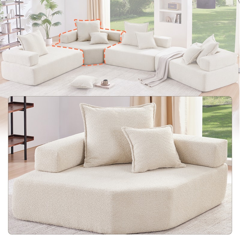 Corner Frame Sectional Sofa, Luxury Boucle Convertible Couch, 48x48x24 in, 58 lbs, Beige, No Assembly