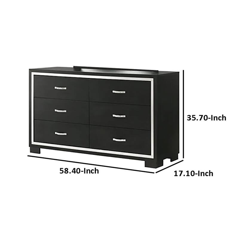 Geny 2pc Dresser and Mirror Set, 6 Drawers, Silver Trim, Black Wood