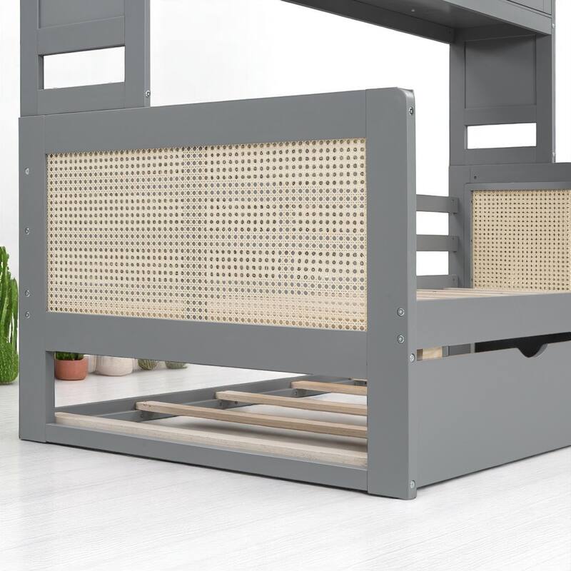 Wooden Twin/Full Daybed with Trundle Bed, Storage Shelves and Cabinet, No Box Spring Required, Rattan Design