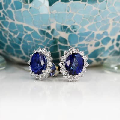 Auriya Fancy 10 3/4ct Royal Blue Sapphire Oval and 2 3/8ctw Halo Diamond Stud Earrings 18K Gold