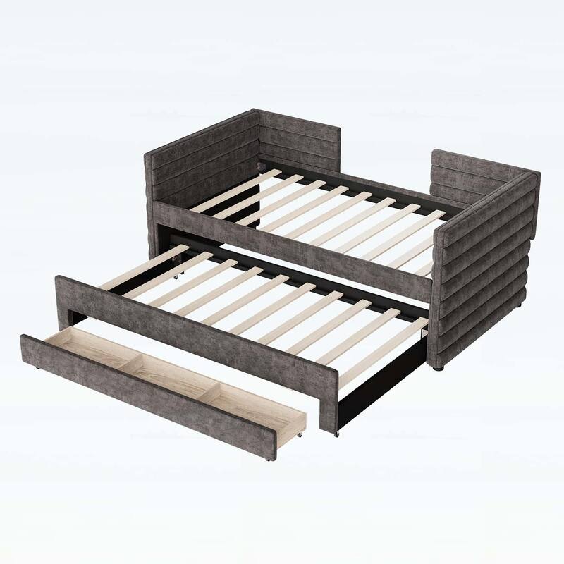 Upholstered Daybed with Trundle and 3 Storage Drawers,for Guest Room,Living Room