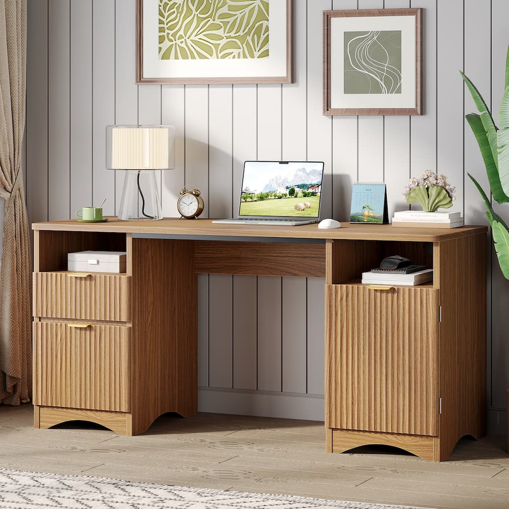 59" Fluted Executive Desk with Drawers & Cabinet, Home Office Computer Desk with Storage Shelves
