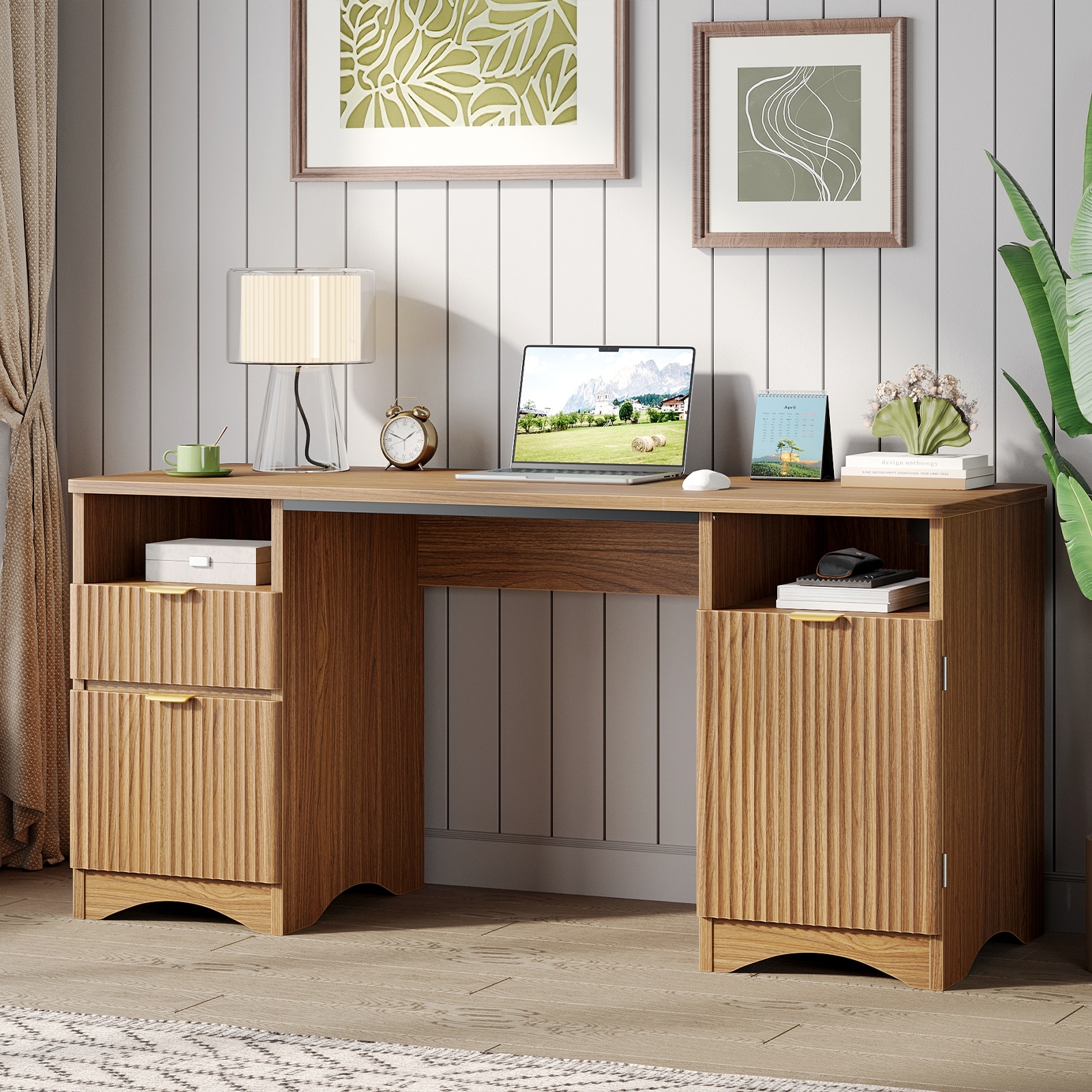 59" Fluted Executive Desk with Drawers & Cabinet, Home Office Computer Desk with Storage Shelves