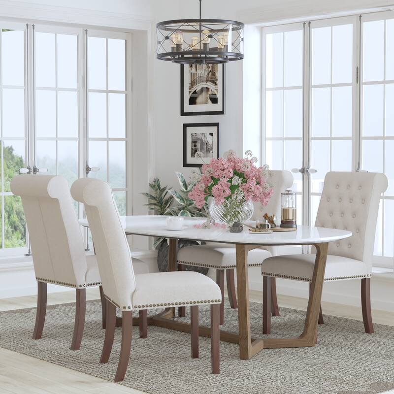 4PK Parsons Chairs-Rolled Back, Accent Nail Trim - Beige Fabric