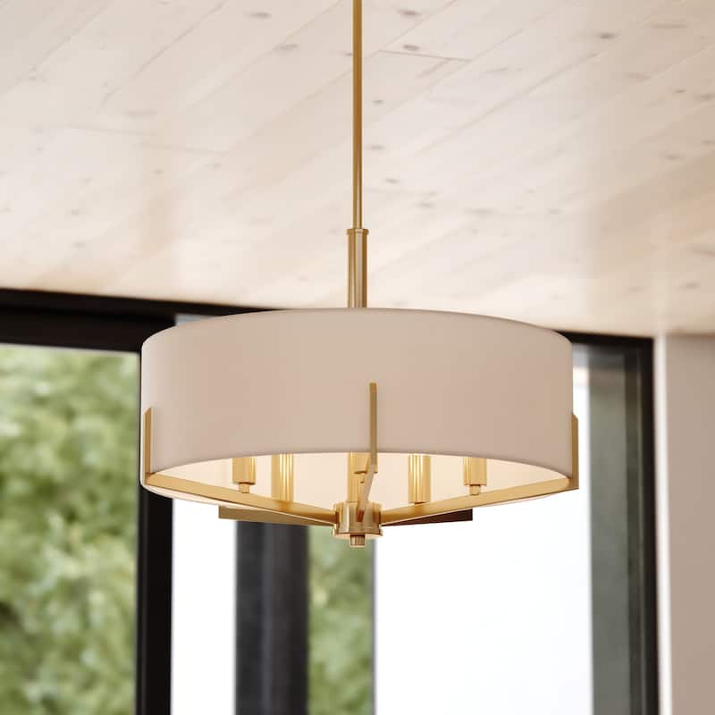 Surrey 5 Light Natural Brass Mid-Century Modern Chandelier White Fabric Drum Shade - 22-in W x 15.5-in H x 22-in D - Natural Brass - 22-in W x 15.5-in H x 22-in D