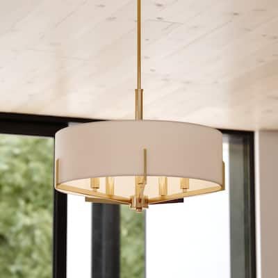 Surrey 5 Light Natural Brass Mid-Century Modern Chandelier White Fabric Drum Shade - 22-in W x 15.5-in H x 22-in D