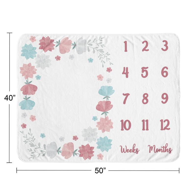 Floral Rose Flowers Girl Baby Monthly Milestone Blanket - Blush Pink Teal Aqua Blue Grey Pop Flower Boho Shabby Chic Watercolor