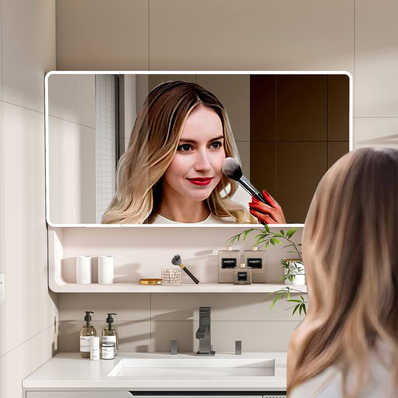 Mirror Cabinet with 3 Colors LED Light,Defogging and Hair Dryer Holder