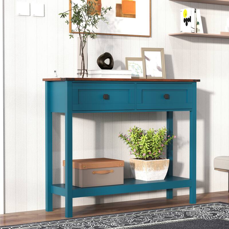 Farmhouse Console Table with 2 Drawer for Entryway, Rustic Wood Sofa Table Hallway Table with Open Storage Shelf for Living Room - Blue