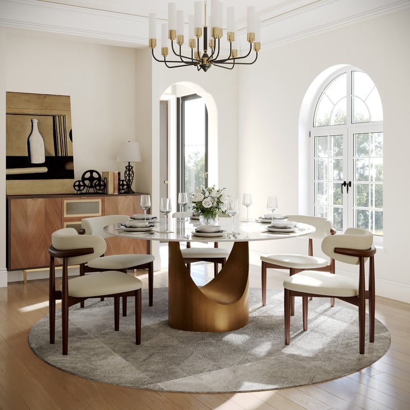 Modern Round Dining Table for Diningroom，White Glossy Stone Tabletop,Bronze Carbon Pedestal