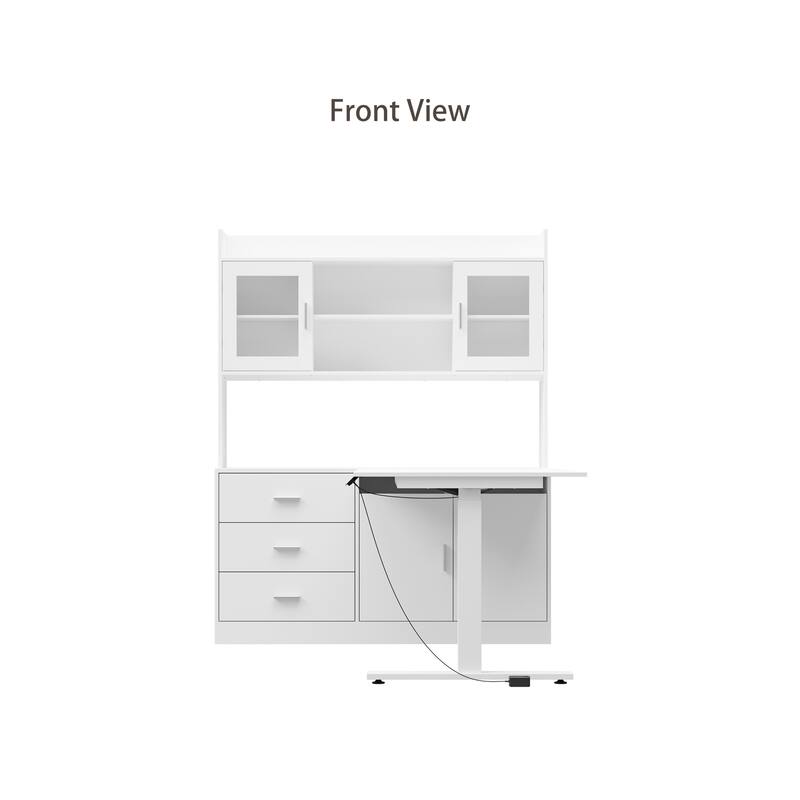 Electric Height Adjustable Standing Desk with Storage Hutch, 68.5” White Home Office Desk with Drawers and Cabinets