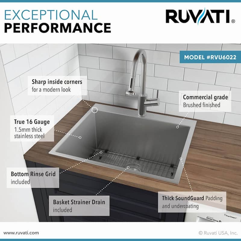 Ruvati Topmount Laundry 22″ x 22″ x 12″ Deep Utility Sink 16 Gauge Stainless Steel – RVU6022