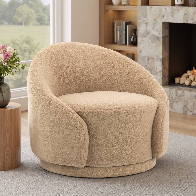 35" W Modern Upholstered Velvet/ Boucle Barrel Swivel Chair - 1-Piece - Light Brown/ Boucle