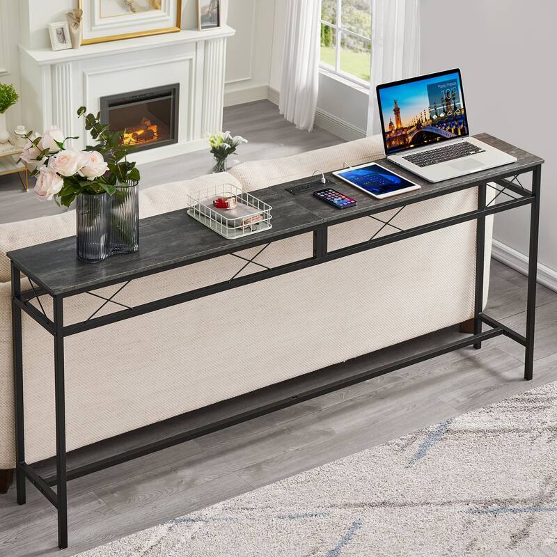 VECELO Industrial Rectangular Wood Console Table with AC Power and USB Charging Ports