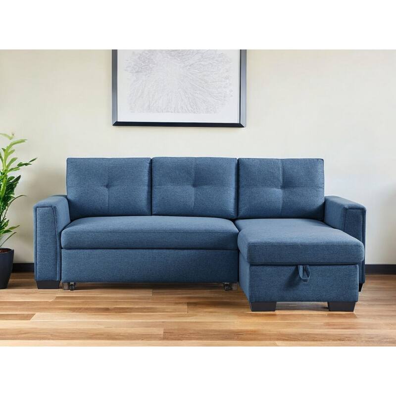 HomeRoots 92" Blue Polyester Blend Convertible Futon Sleeper Sofa With Black Legs - 92