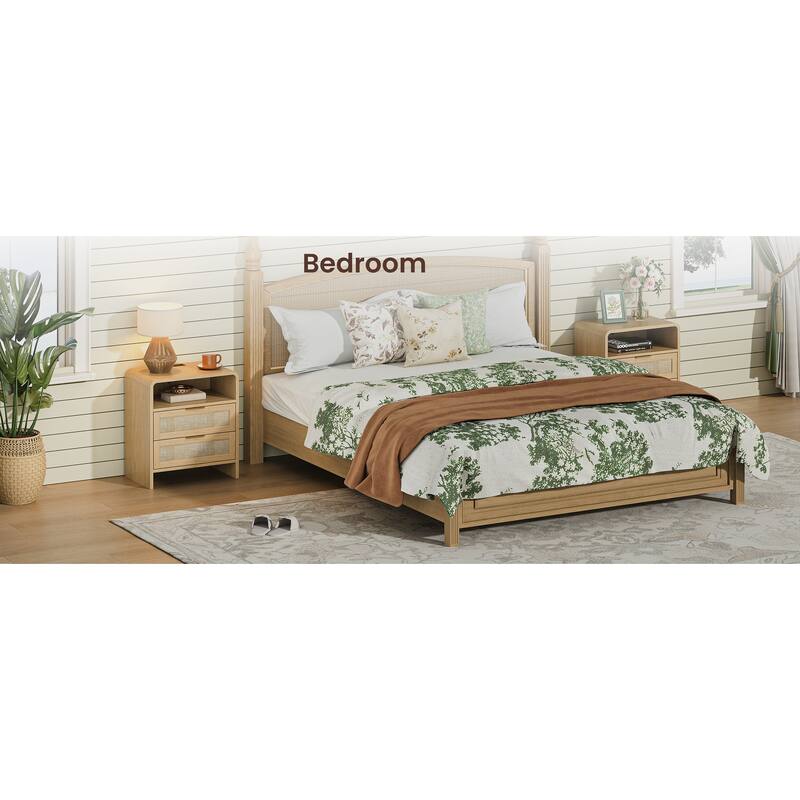 22.8" Rattan Nightstand with Charging Station, 2 Drawers & Open Shelf, Curved Modern Bedside Table