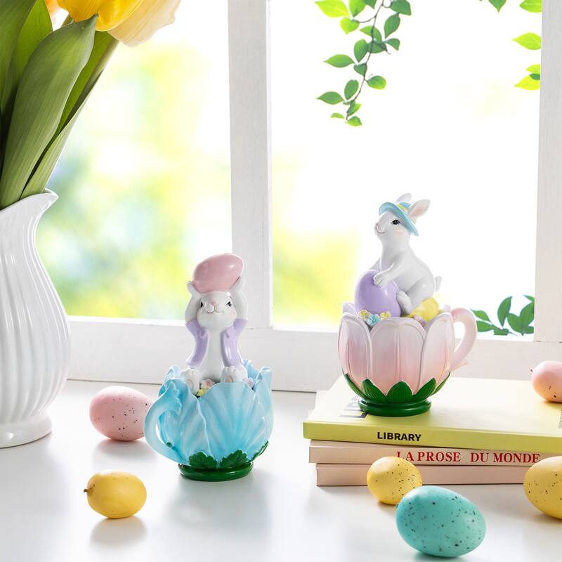 Glitzhome Easter 9.75"H Resin Bunny Figurine Table Decor Gifts (Set of 2)