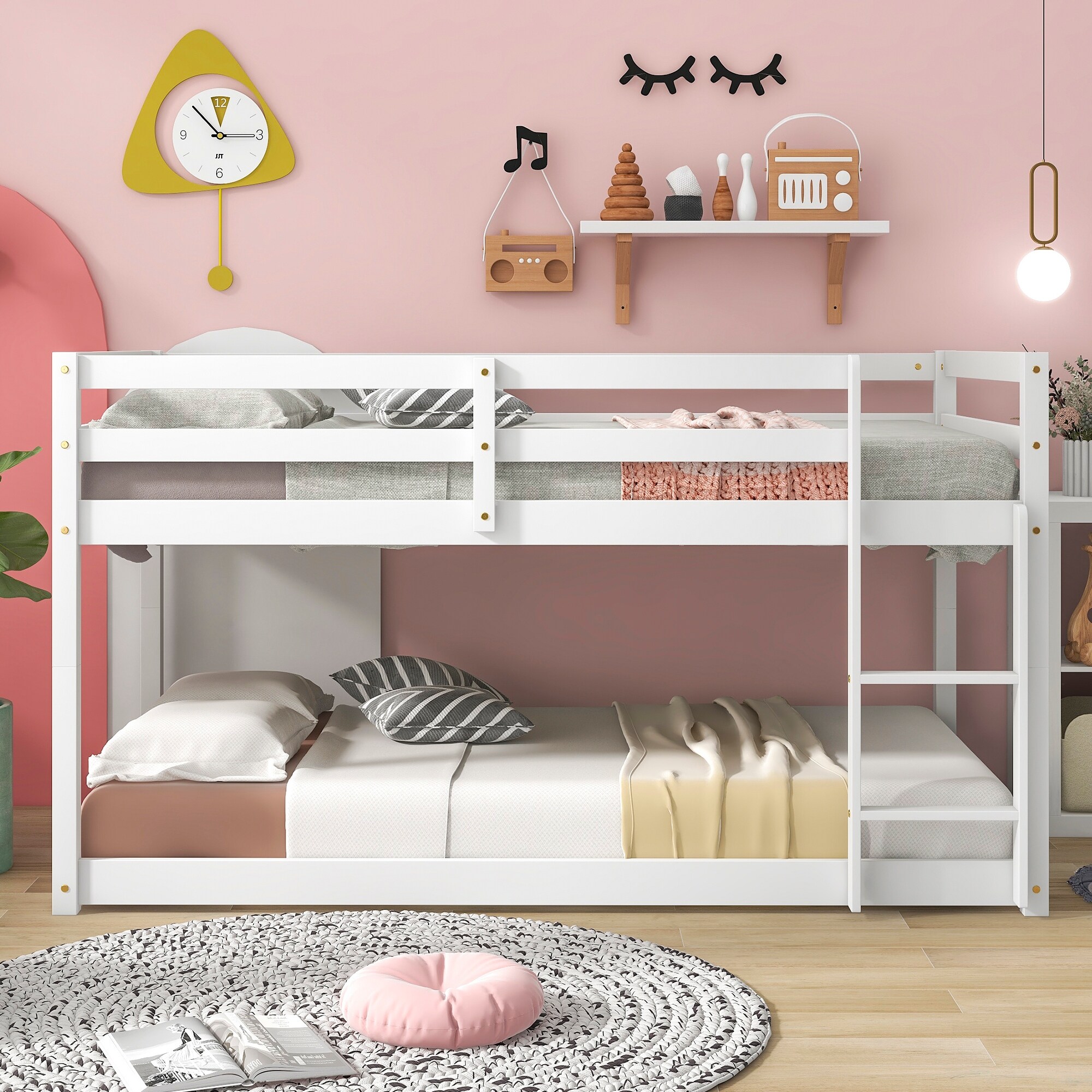 Twin Size Low Bunk Bed Wood Twin Over Twin Bunk Bed Frame w Full Guardrails Ladder Floor Bunk Beds for Kids Boys Girls Bed Bath Beyond 39166156