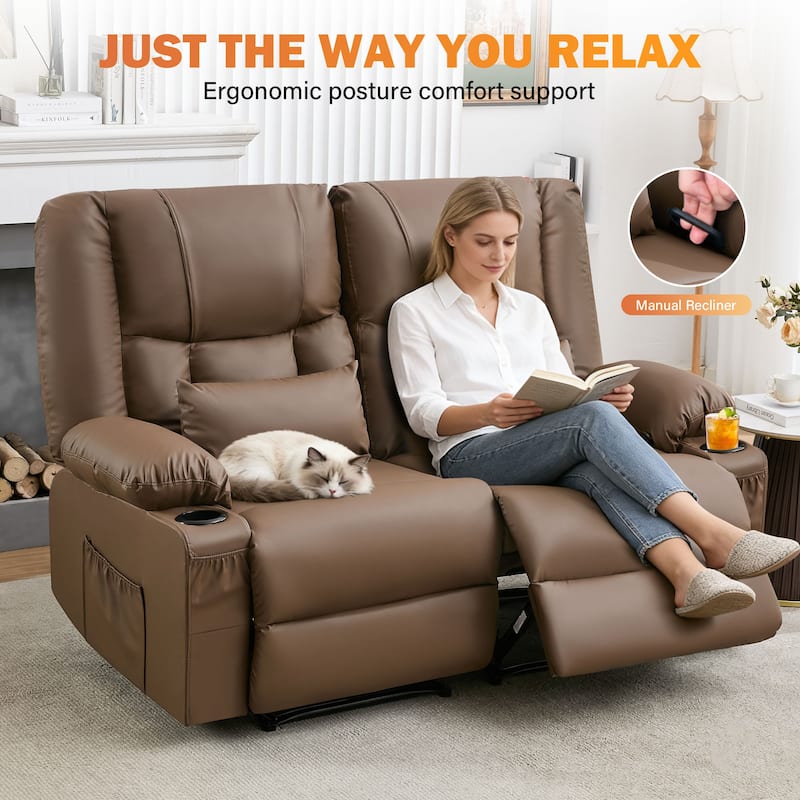 Manual Recliner Loveseat with Massage & Heating, Cup Holders & Side Pocket for Living Room
