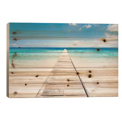 Jetty On A Beautiful Island In The Maldives Print On Wood by Jan Becke - Multi-Color