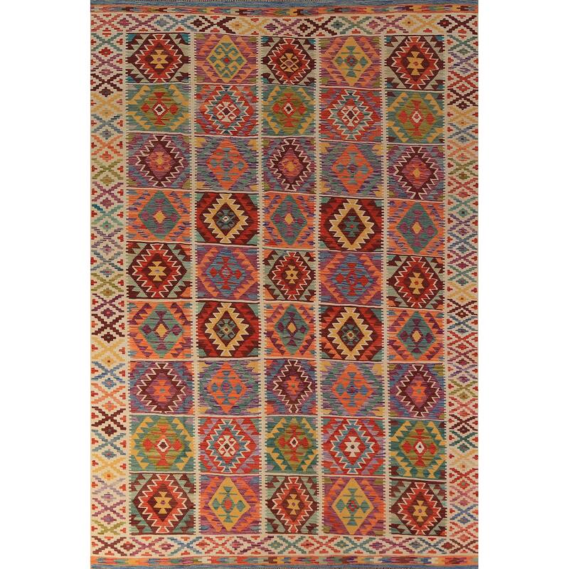 All-Over Geometric Kilim Area Rug Flatweave Wool Carpet - 8'0"x 11'7"