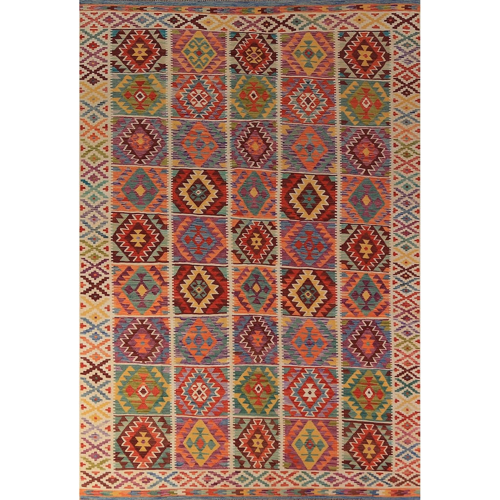 All-Over Geometric Kilim Area Rug Flatweave Wool Carpet - 8'0"x 11'7"